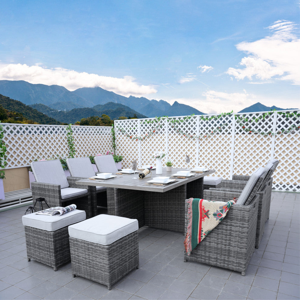 Outdoor Patio Wicker Dining Table Set with Chairs, 11-Piece Set, Gray