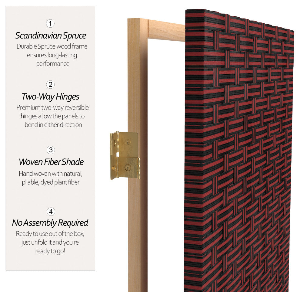 6' Tall Woven Fiber Room Divider, 5 Panel, Red/Black