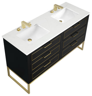 Markham Bathroom Vanity, Midnight Black/Satin Brass, 60", Calacatta Quartz Top