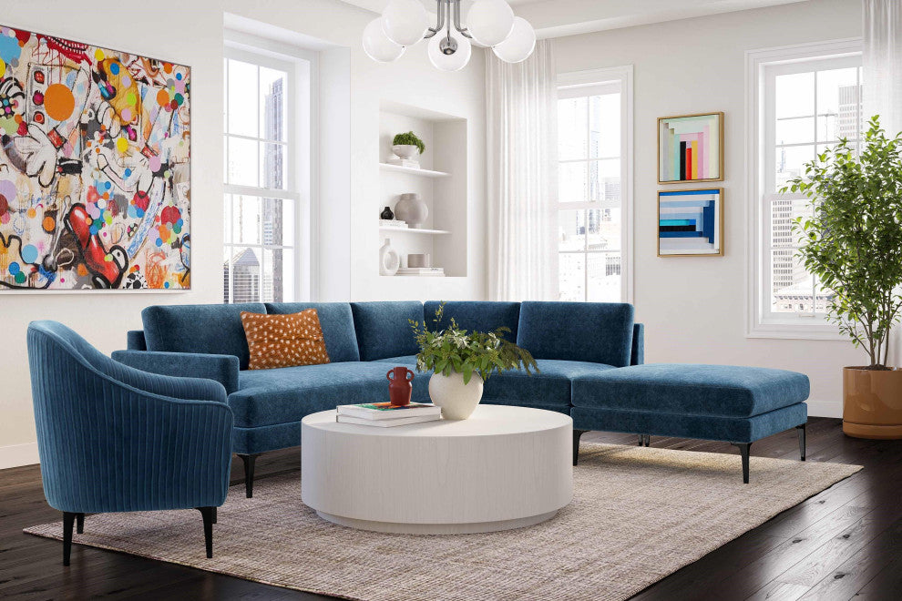 Serena Blue Velvet Large Right Arm Facing Chaise Sectional With Black Legs