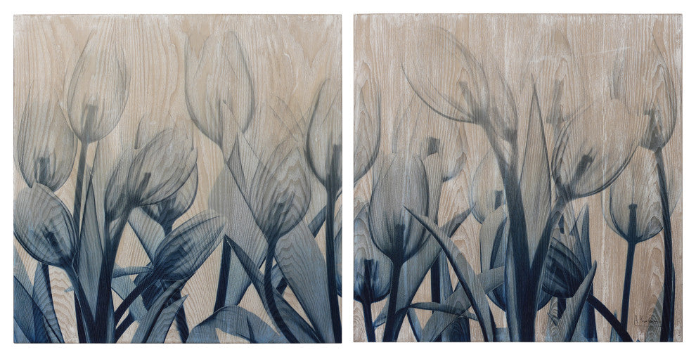 Blue Tulip Diptych Wall Art X-Ray Photography Printed on Hand Finished Ash Wood