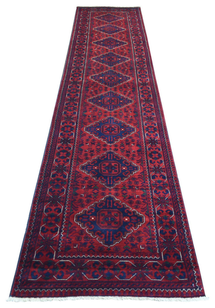 Red Afghan Khamyab Pure Wool Tribal Design Hand Knotted Runner Rug, 2'8"x12'9"