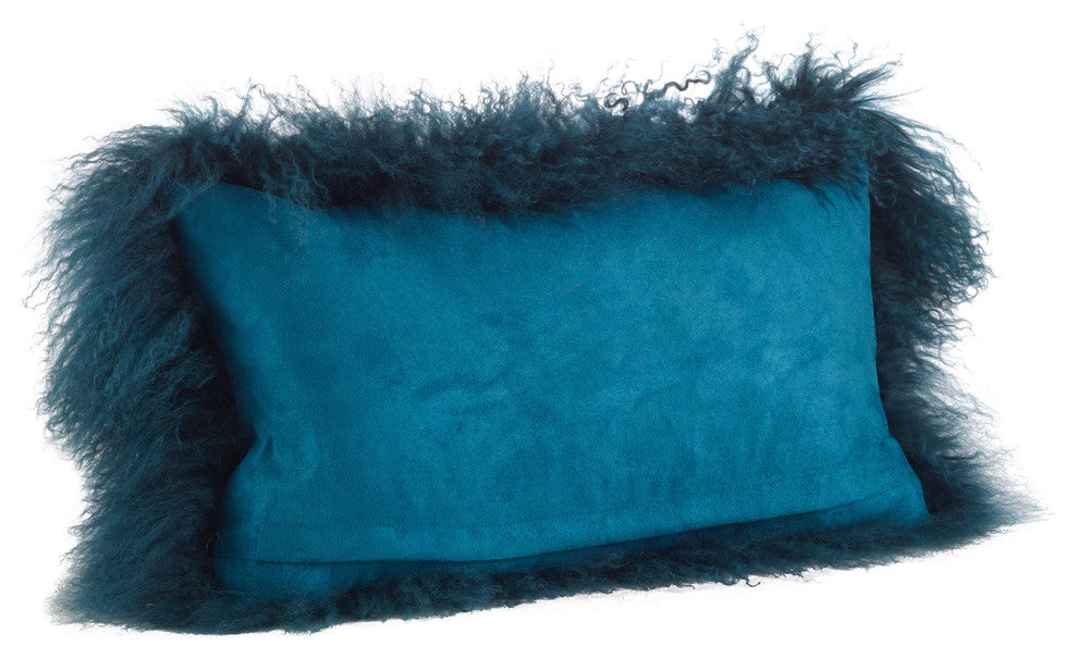 Mongolian Lamb Fur Poly Filled Throw Pillow, Teal, 12"x20"