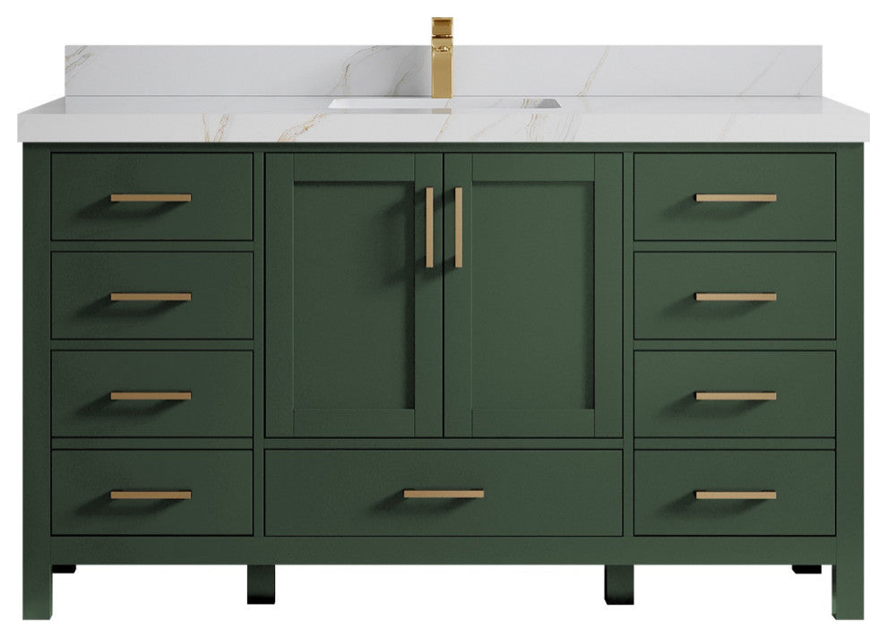 Malibu 60 Single Sink Bathroom Vanity in Lafayette Green 2" Calacatta Sienna