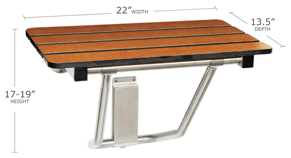 ADA Folding Wall Mount Teak Phenolic Bathroom Shower Seat Bench, 22"
