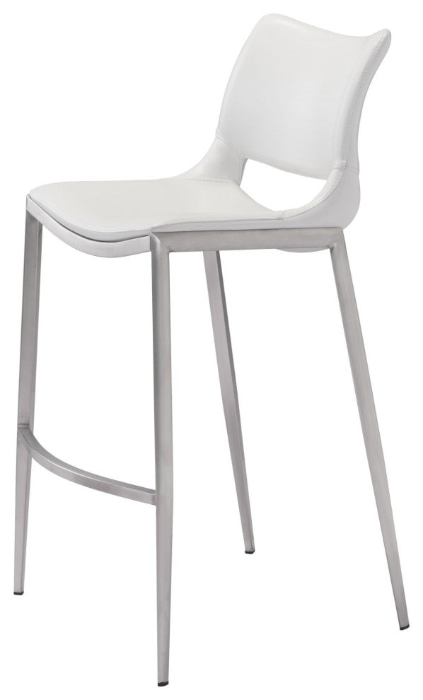 Bar Stool Chair Barstool, Set of 2, Faux Vinyl Leather, Steel, White, Silver