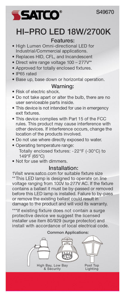 18W LED HID Replacement, 80 CRI, 2700K, Type B, Ballast Bypass, Medium Base