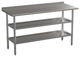 Stainless Steel 18 Gauge Work Table With 1.5" Backsplash and 2 Undershelves, NSF