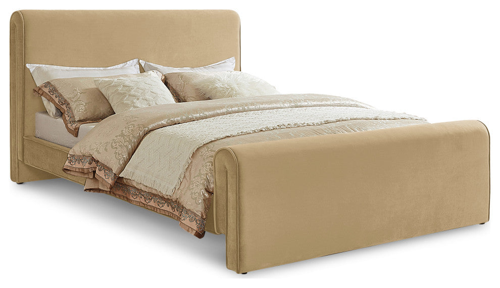 Sloan Black Velvet Full Bed, Camel, Queen