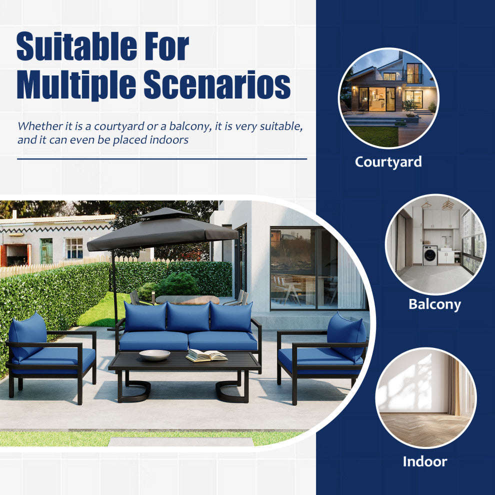 4-Piece Outdoor  Steel Patio Sectional with Table and Cushions, Blue