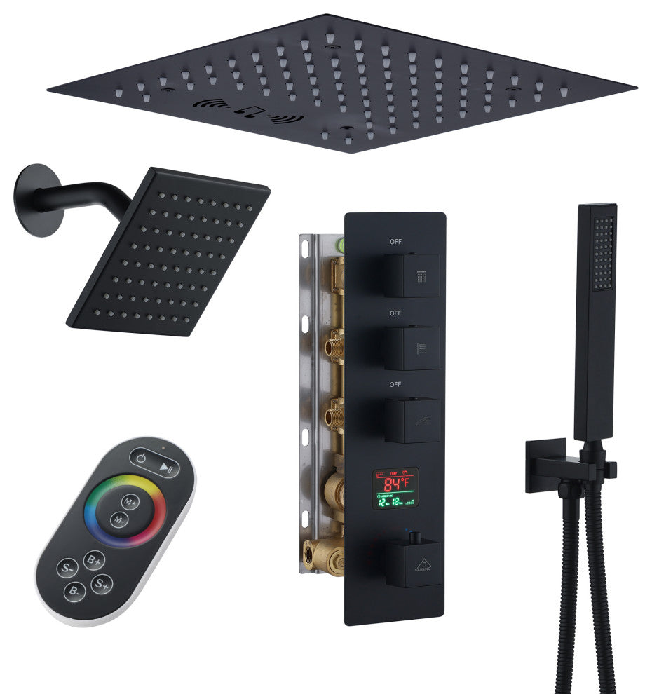 12inch Luxury Shower Dual Shower Head System With LED Light and Bluetooth, Matte Black