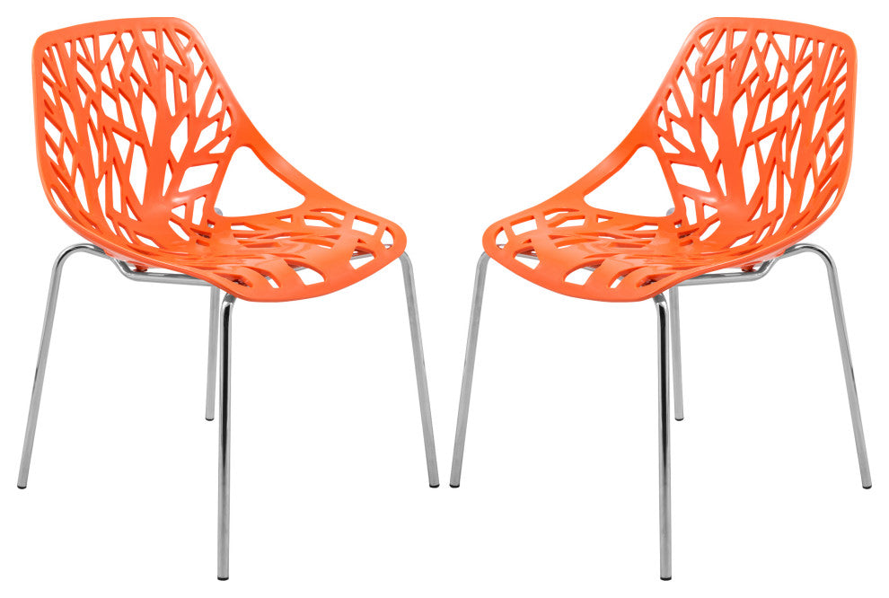 Leisuremod Asbury Plastic Stackable Dining Chair With Chromed Legs, Set of 2, Orange