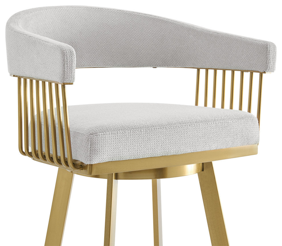 Chelsea Swivel Counter Stool, Gold Brushed Stainless Steel, Silver Fabric, 30"