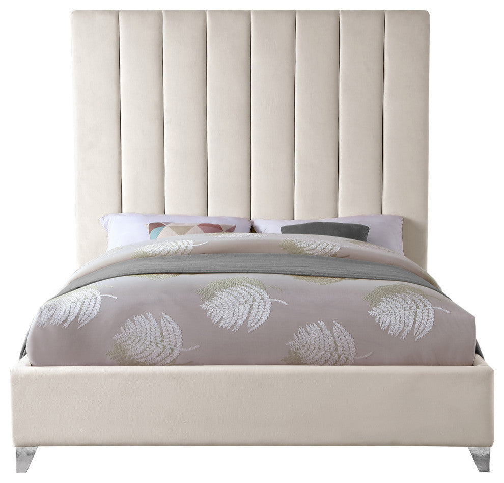 Via Velvet Upholstered Bed, Cream, Queen