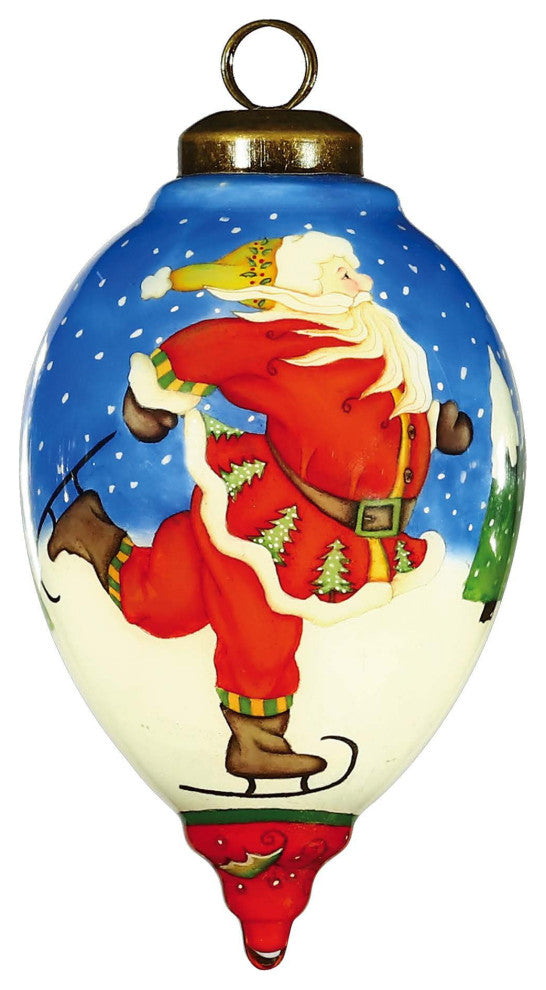 Ice Skating Santa Hand Painted Mouth Blown Glass Ornament