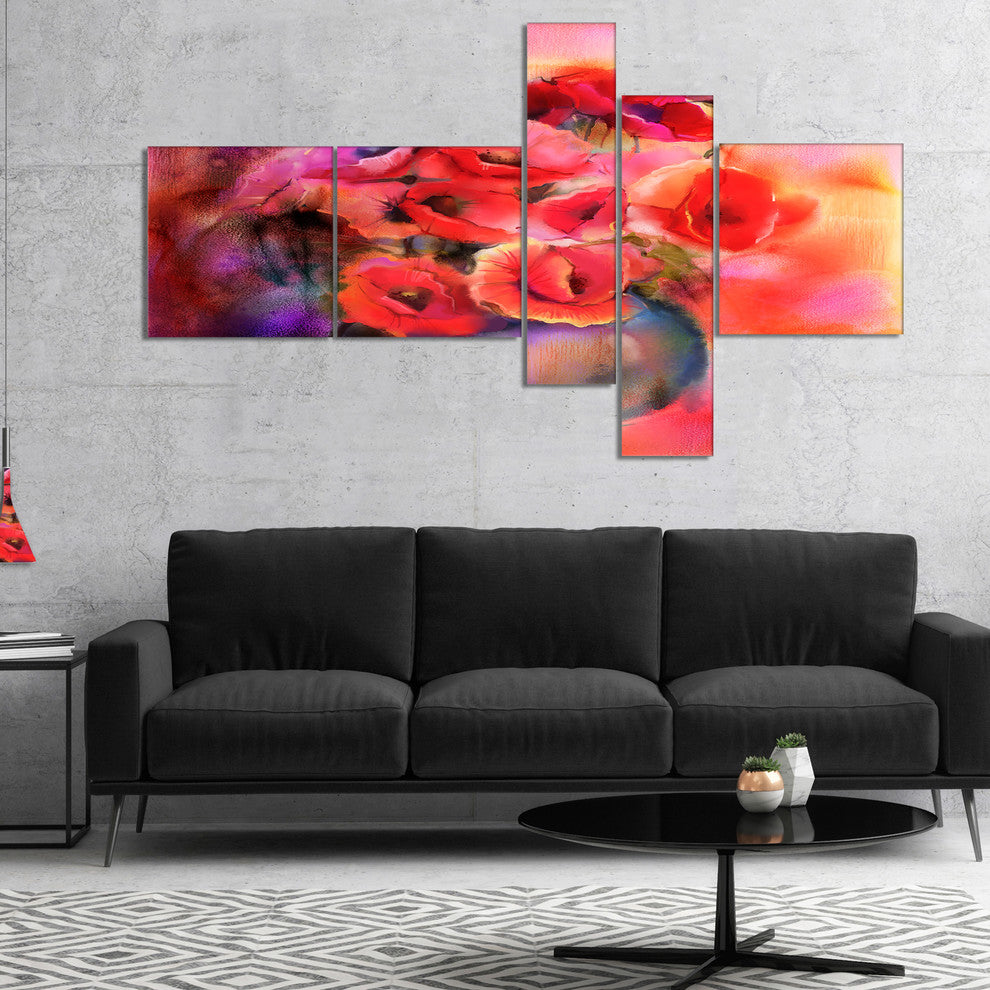 Bouquet Of Cute Poppies in Vase, Floral Canvas Print, 60"x32", 5 panels