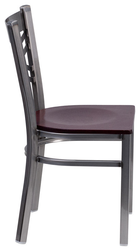 Clear Metal Restaurant Chair, Mahogany Wood Seat/Clear Coated Metal Frame