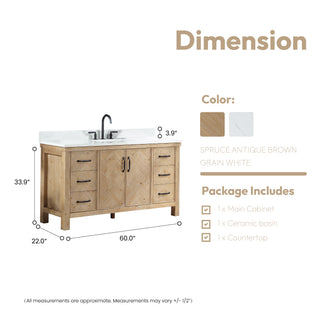 Javier Bath Vanity, Composite Stone Top, Antique Brown, 60", Single Vanity, No Mirror