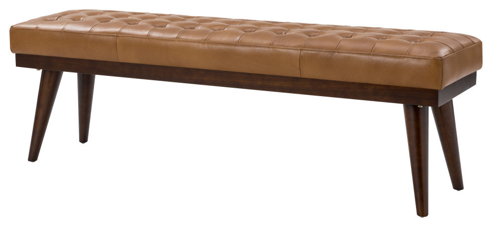 55.5"W Genuine Leather Bedroom Bench, Camel