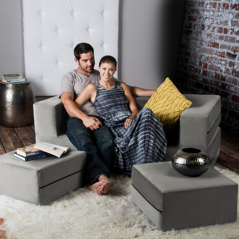Zipline Convertible Sleeper Loveseat With 2 Ottomans, 3-Piece Set, Pewter