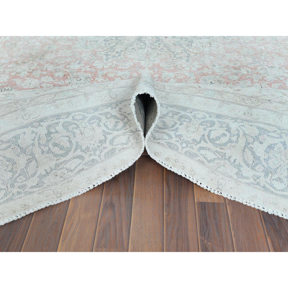 Worn Wool, Hand Knotted, Ivory, Vintage Persian Kerman, Oriental Rug 9'8"x12'10"