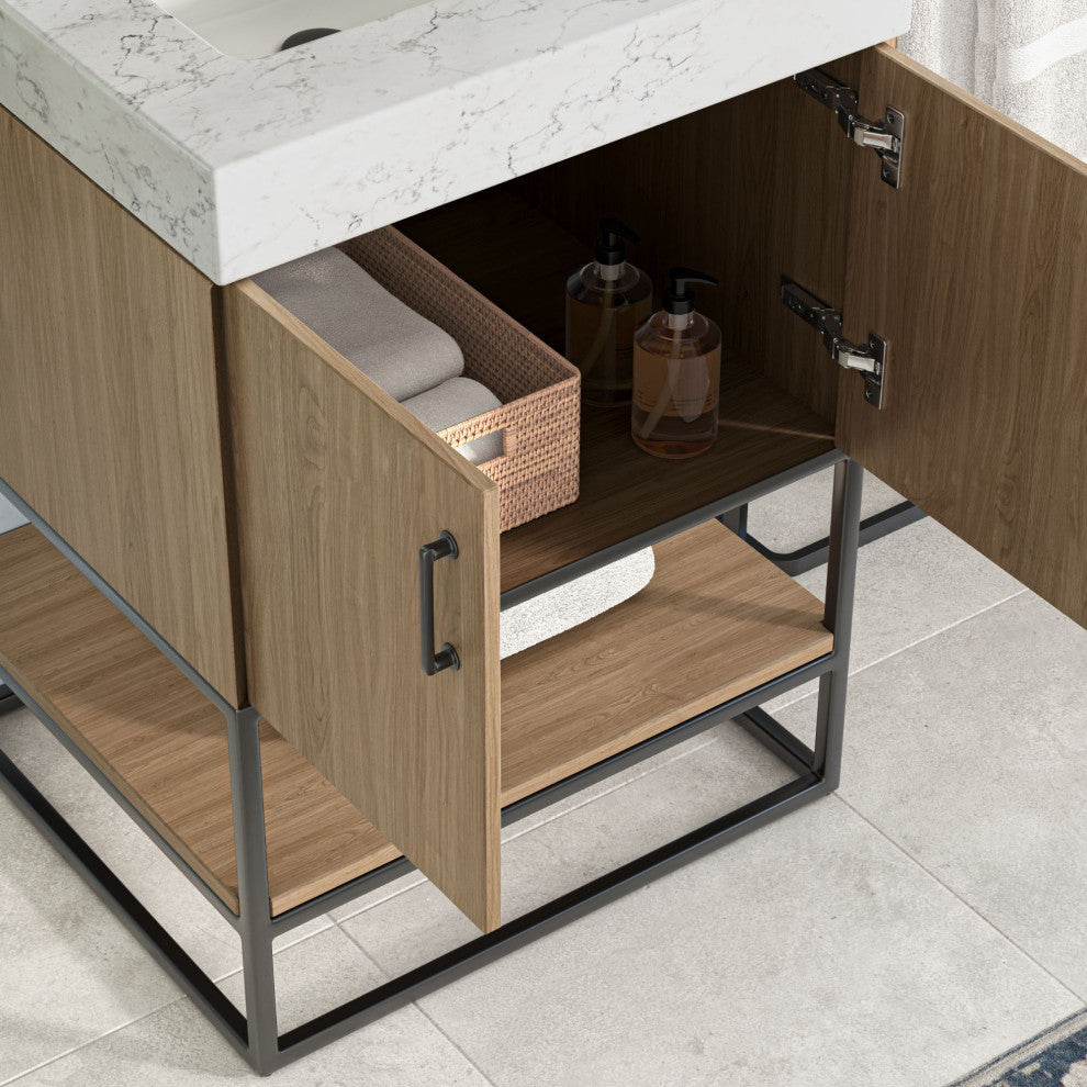 Bahia Bath Vanity, Oak, 24", Matte Black Hardware, Single, Freestanding