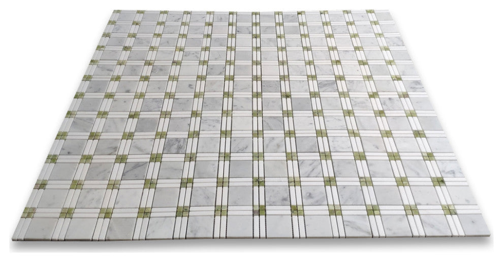 Carrara White Marble Plaid Tartan Mosaic Tile Green Thassos Polished, 1 sheet