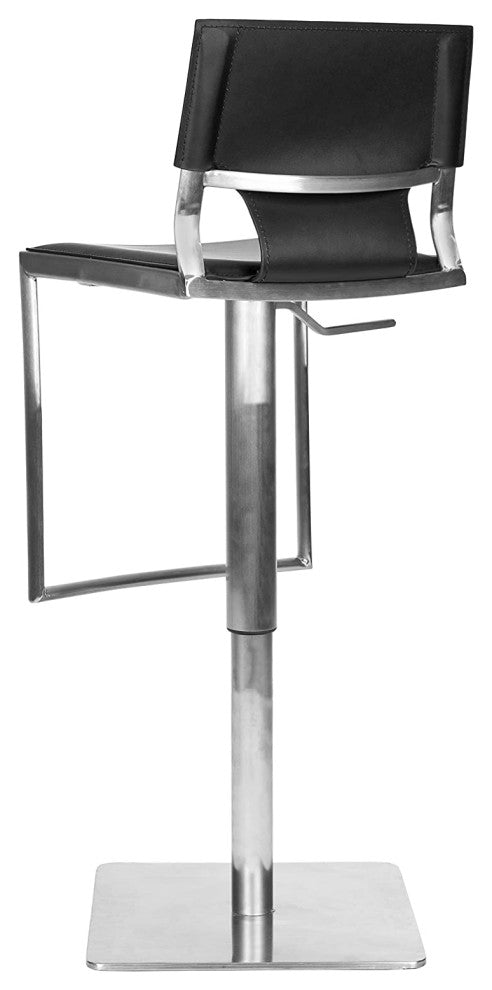 Modern Bar Stool, Stainless Steel Base With Footrest & Black Bonded Leather Seat