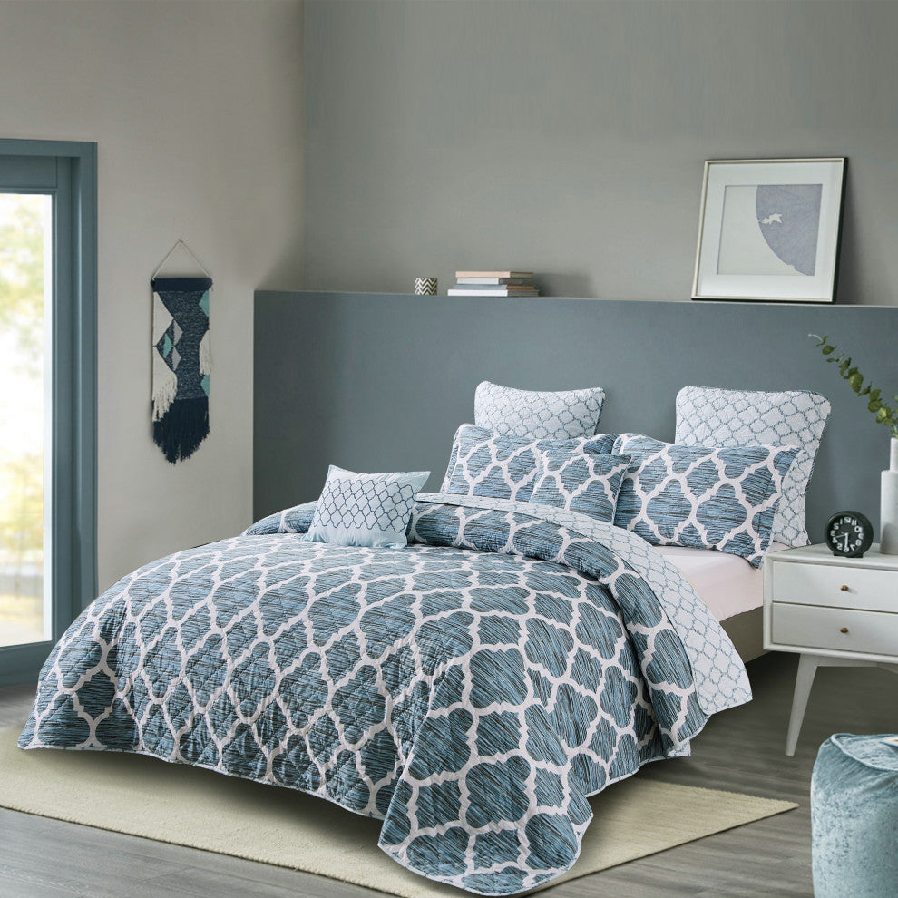 Honor Quilted 7 Piece Bed Spread Set, Blue, Queen