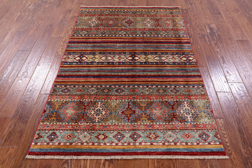4' 0" X 6' 1" Handmade Super Kazak Khorjin Wool Rug - Q12310