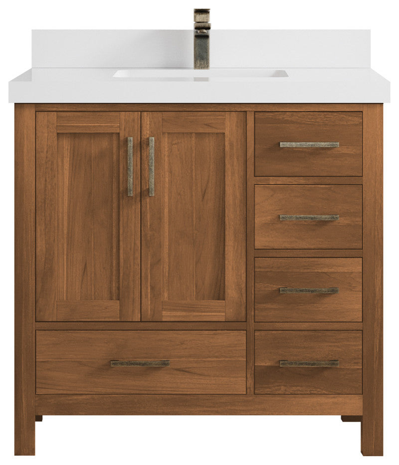 Malibu Teak 36 Center Sink Bath Vanity in Golden Teak 2" White Quartz
