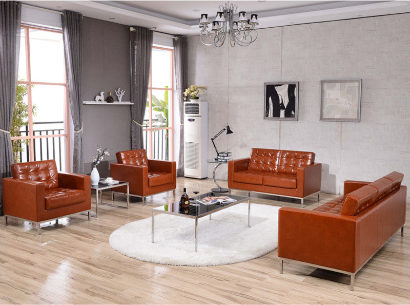 Modern Contemporary Cognac Leather Loveseat With Stainless Steel Frame
