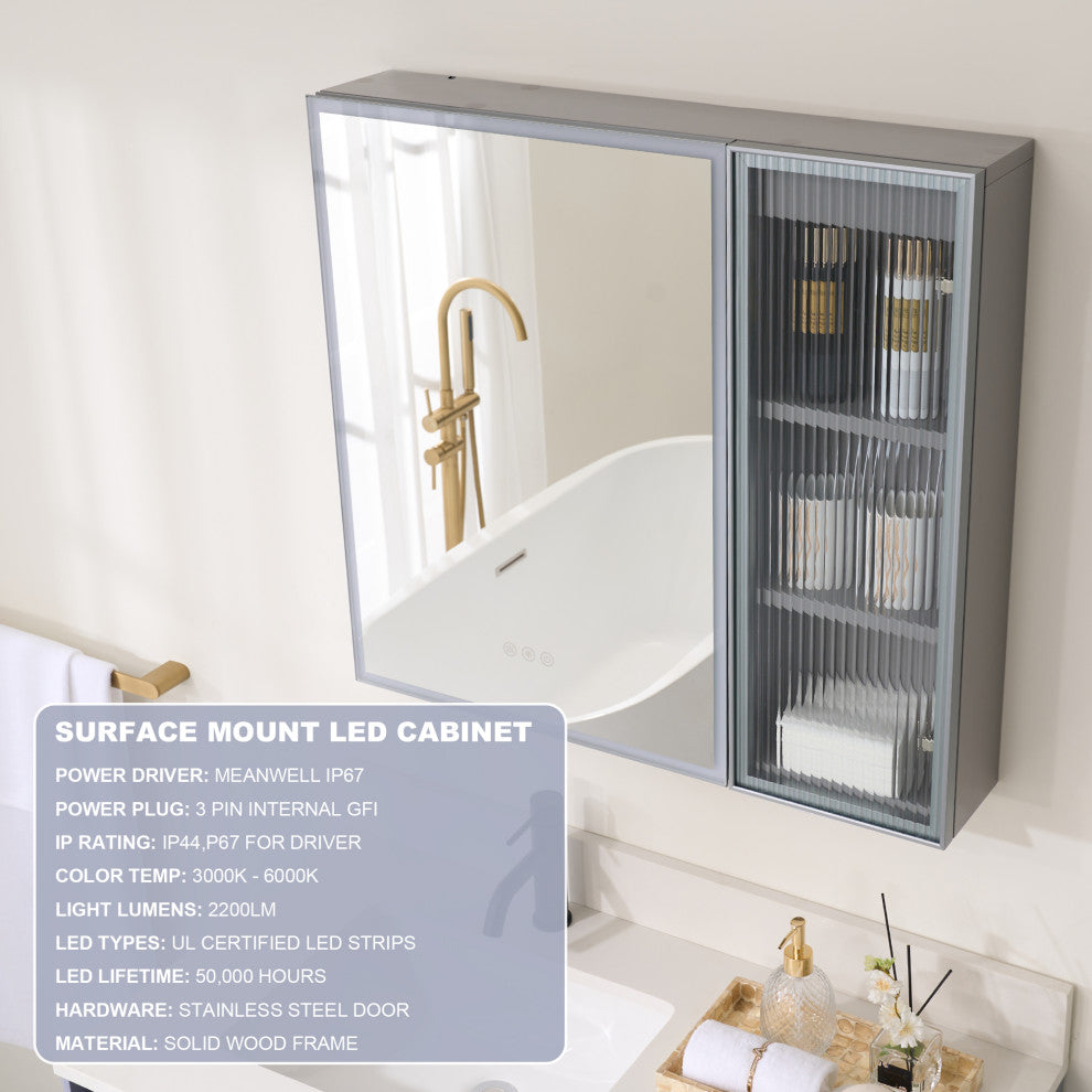 Solid Wood Bathroom Medicine Cabinet With Lights, Defogger, Grey, 30"x28"