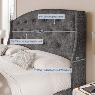 King Bed Frame with Headboard 4 Storage Drawers - Gray