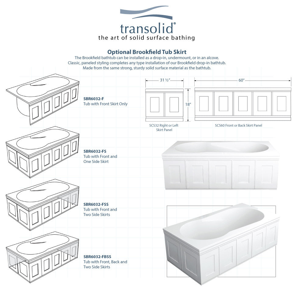 Brookfield 60"x32"x19" Artificial Stone Drop" Bathtub, Front Side Skirts, White