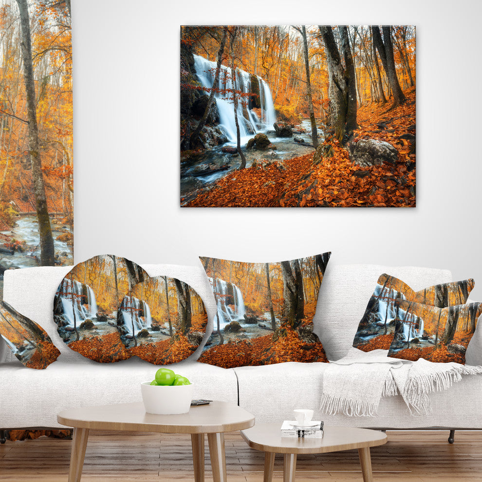 Autumn Mountain Waterfall Close View Landscape Photography Throw Pillow, 16"x16"