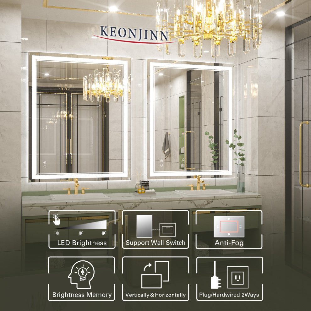 LED Bathroom Mirror, Anti-Fog Memory Dimmable IP54 Waterproof, 48"x32"