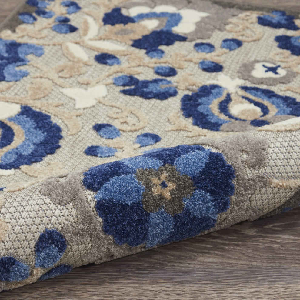8 Round Natural and Blue Indoor Outdoor Area Rug