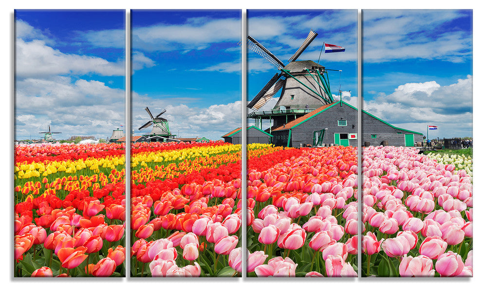 Dutch Windmills and Garden, Abstract Canvas Wall Art, 48"x28", 4 Panels