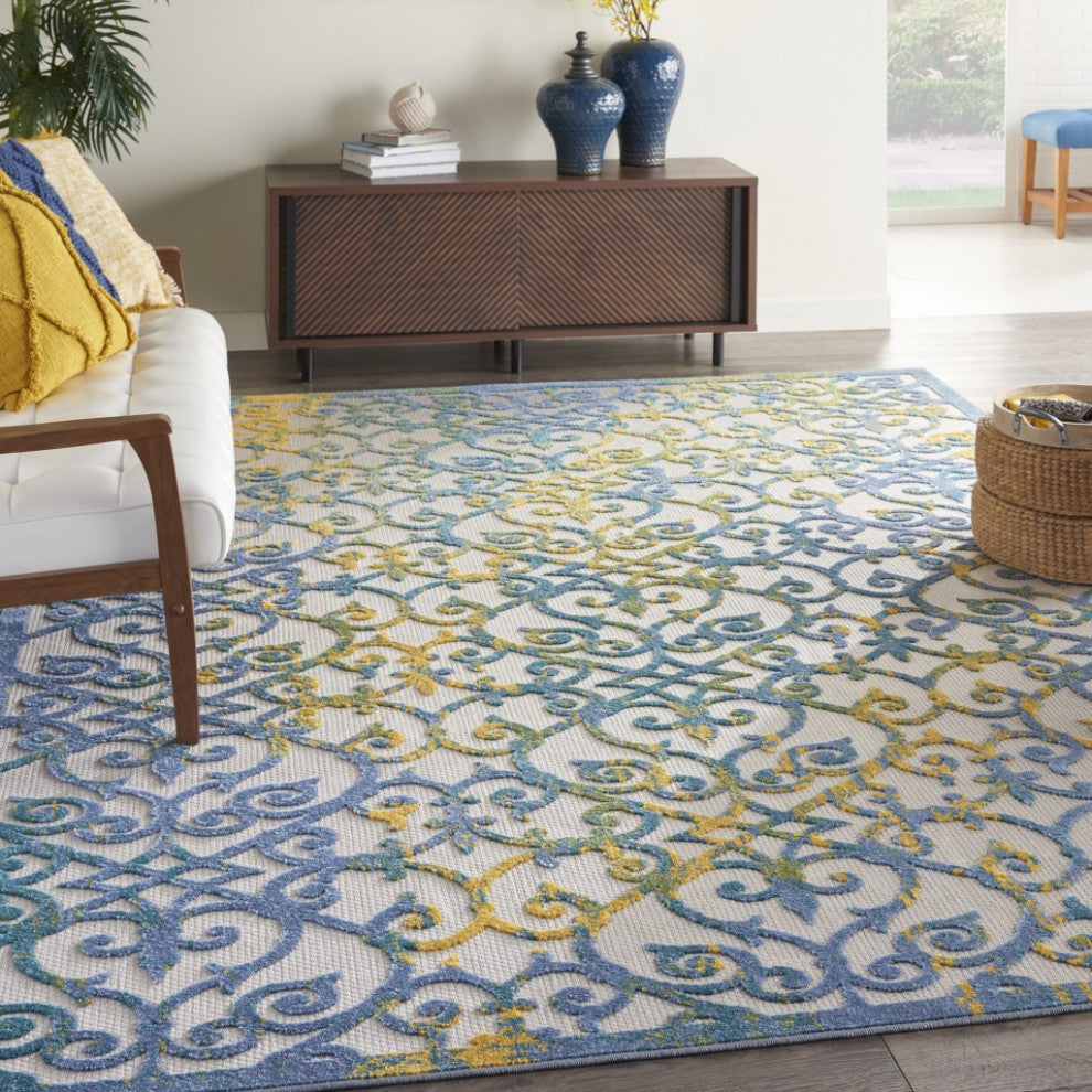 7 x 10 Ivory and Blue Indoor Outdoor Area Rug
