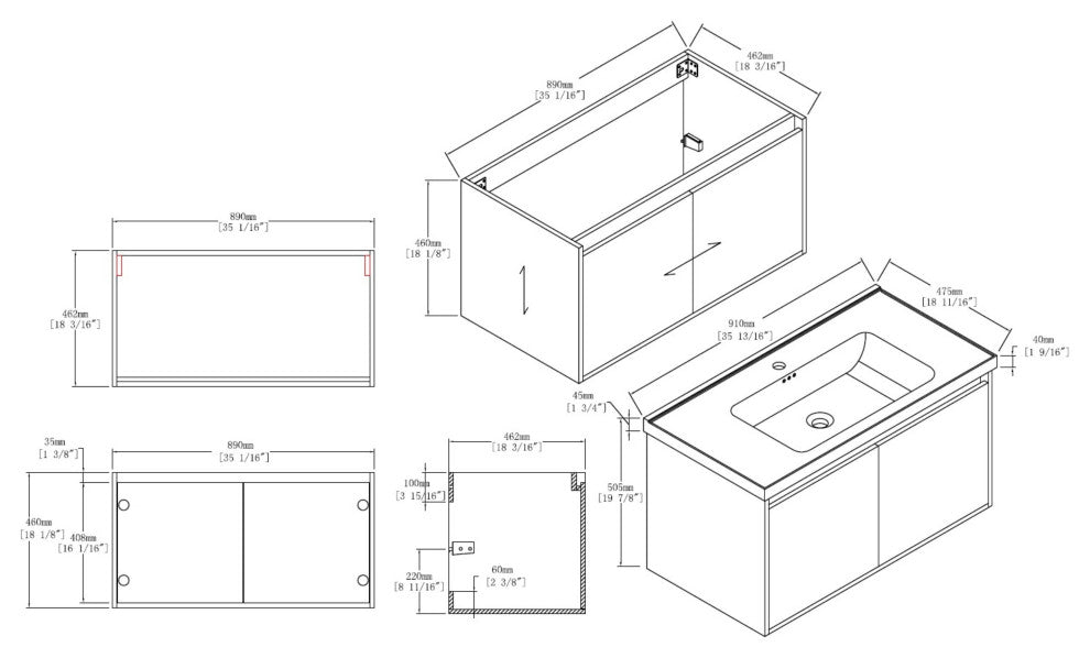 Wall Mounted Bathroom Vanity, Brown Walnut, 36" W/ Sink