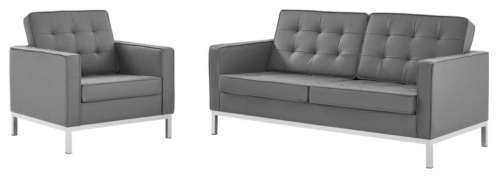 Tufted Armchair and Loveseat Sofa Set, Faux Leather, Silver Gray, Modern