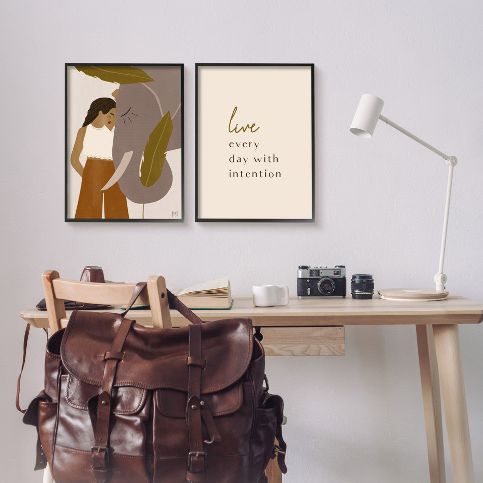 Live Everyday with Intention Woman Resting Against Elephant,16 x 20