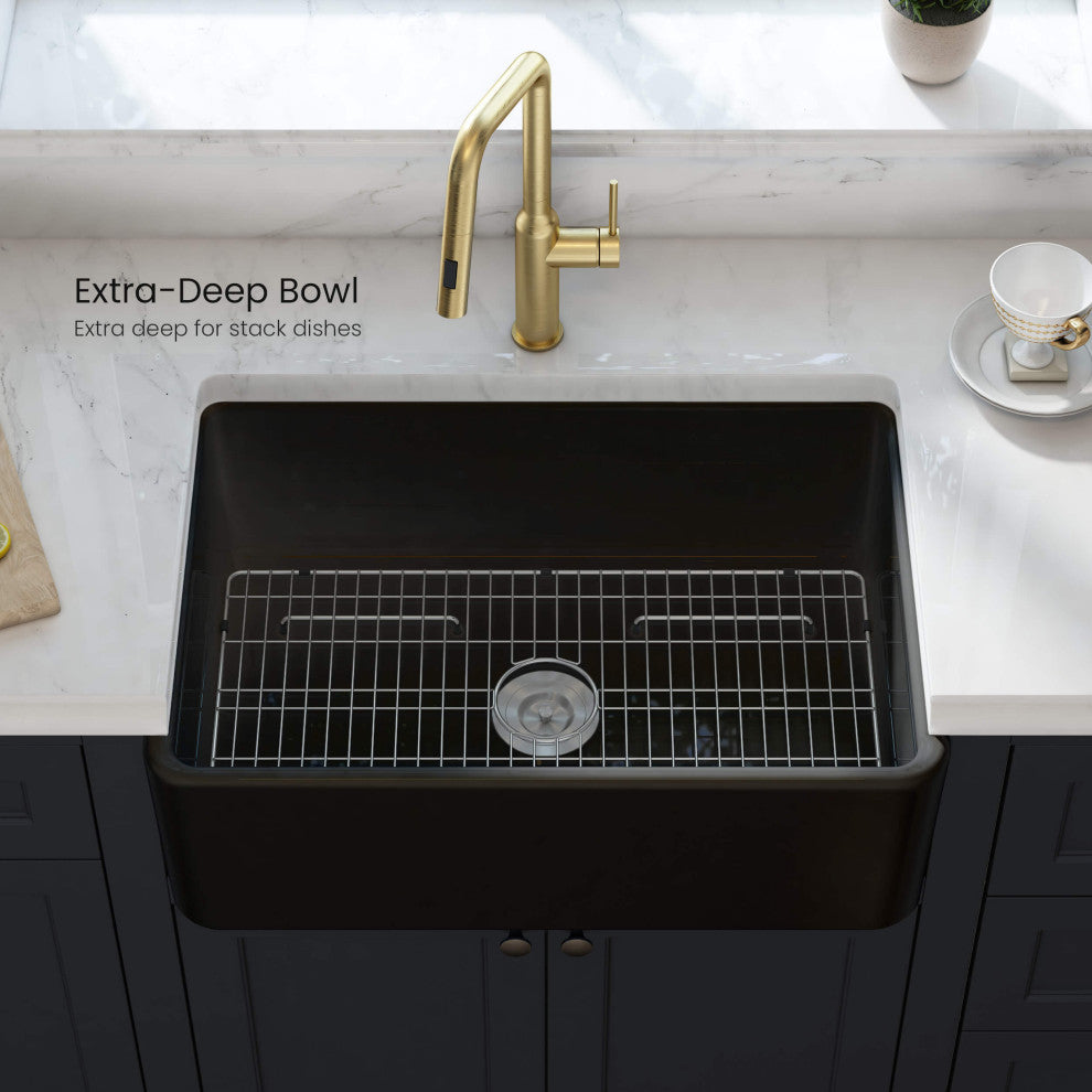 Pure 30" Fireclay Kitchen Farmhouse Apron Front Single Bowl Sink, Matte Black