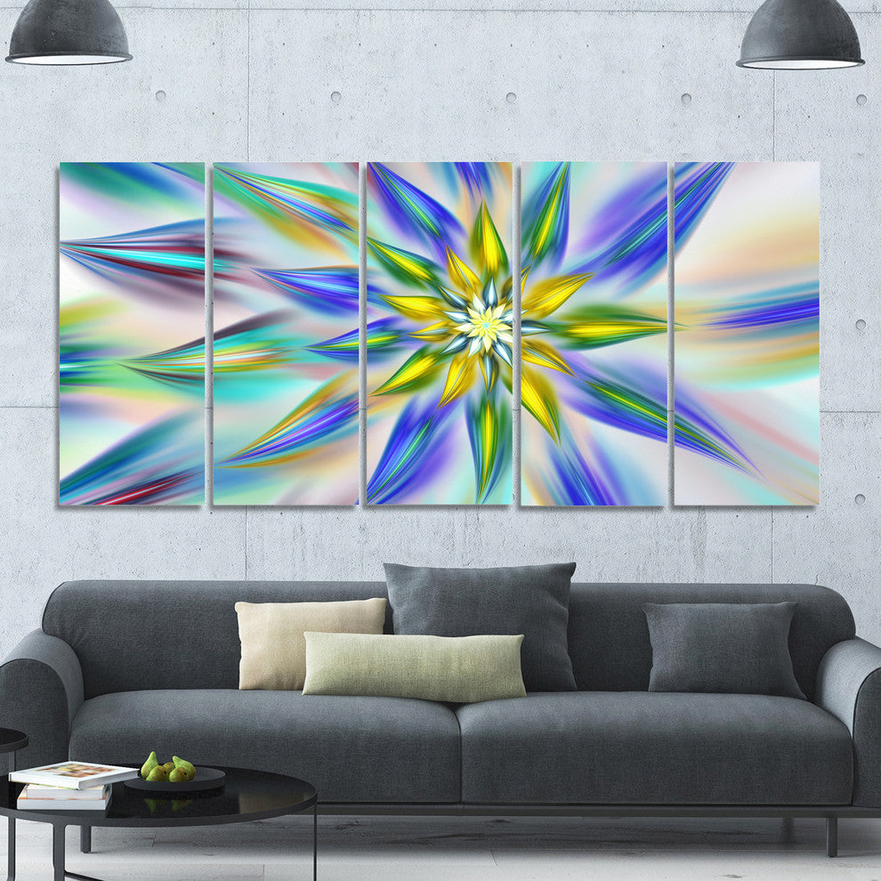 Dancing Blue Fractal Flower, Floral Canvas Art Print, 60"x28", 5 Panels