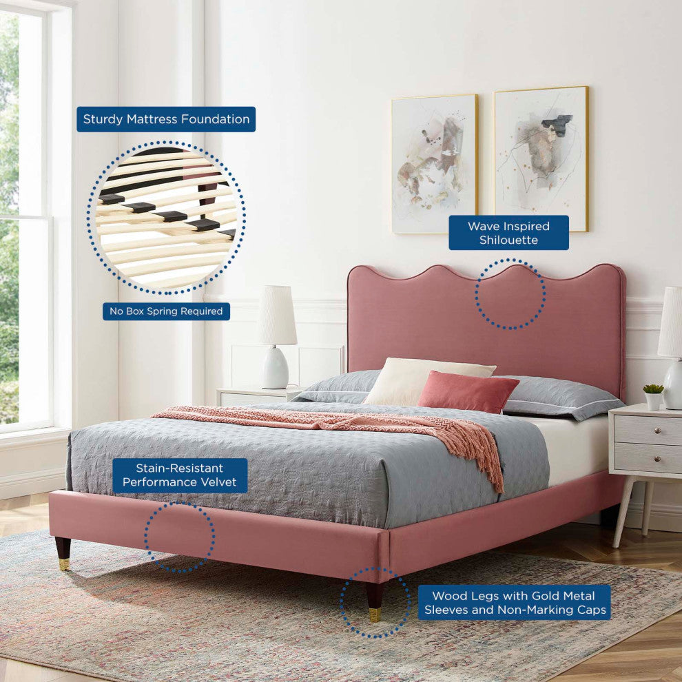 Platform Bed Frame, King Size, Pink, Velvet, Modern, Bedroom Master Guest Suite