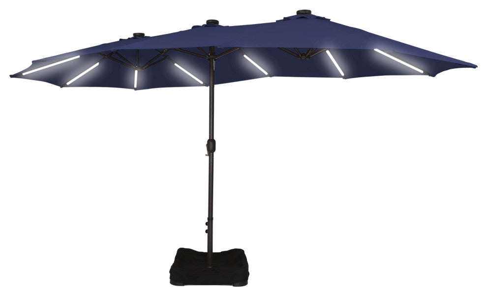 15 FT Patio Market Umbrella with Base and Solar LED Strip Lights