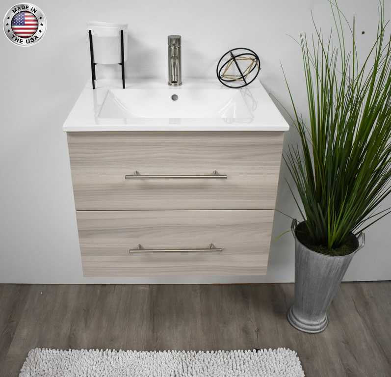 Napa 30" Modern Floating Bathroom Vanity With Ceramic Top and Round Handles, Ash Gray