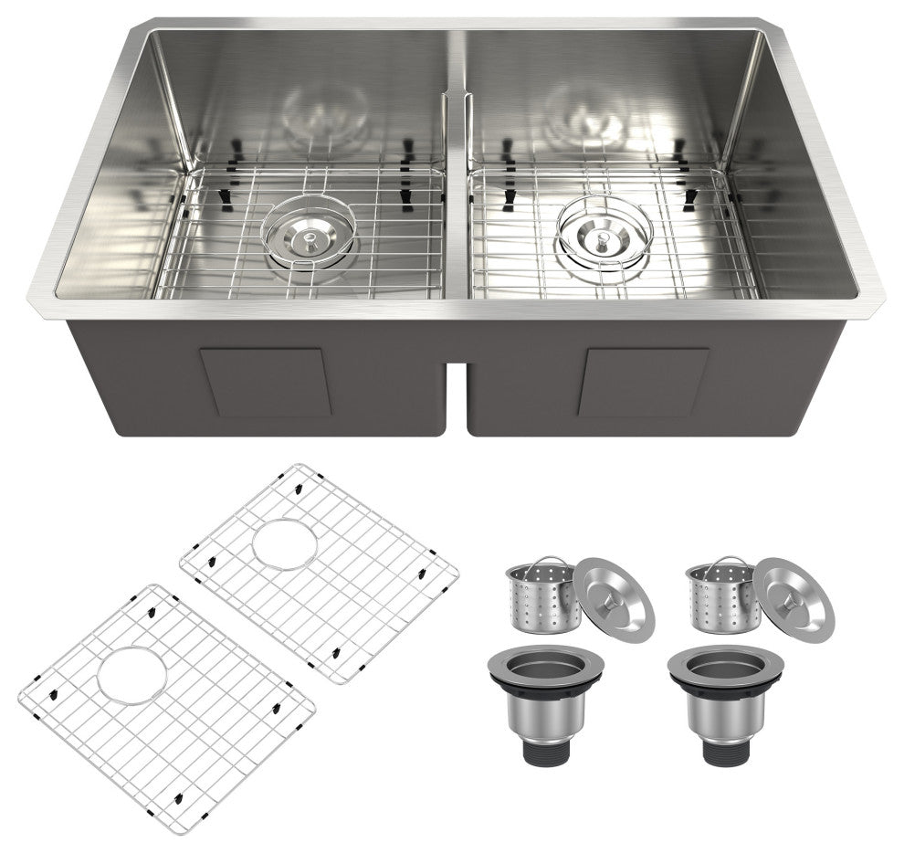 Stainless Steel Undermount Double Bowl Kitchen Sink with Accessories