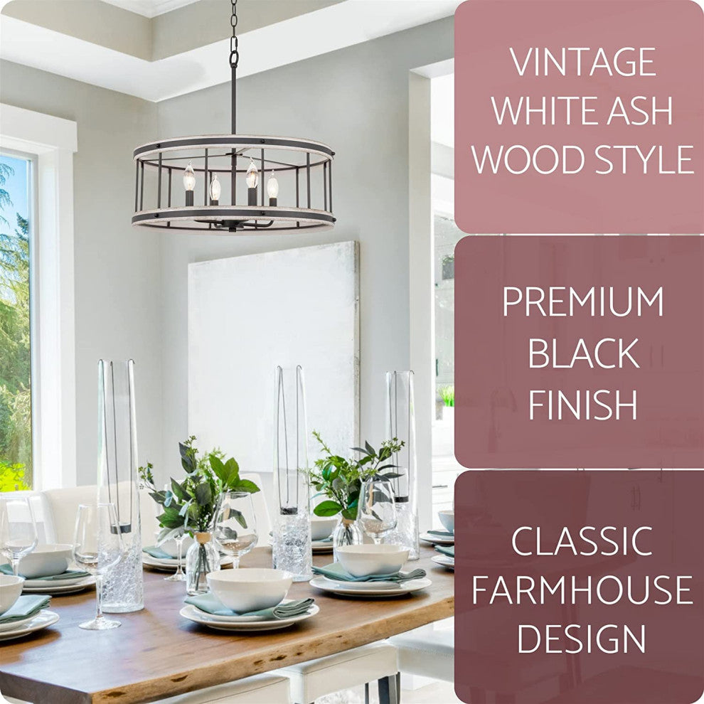 4 Light Farmhouse Chandelier Drum Pendant Light Fixture With White Wood Style